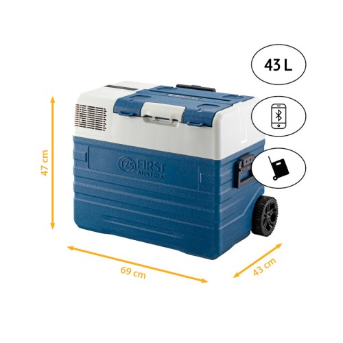 First Austria First Austria FA-5171 Τροχήλατο μπλε φορητό ηλεκτρικό ψυγείο θερμαντήρας με συμπιεστή, Bluetooth, USB-Out και οθόνη LED 230V/12V-43L καθαρά