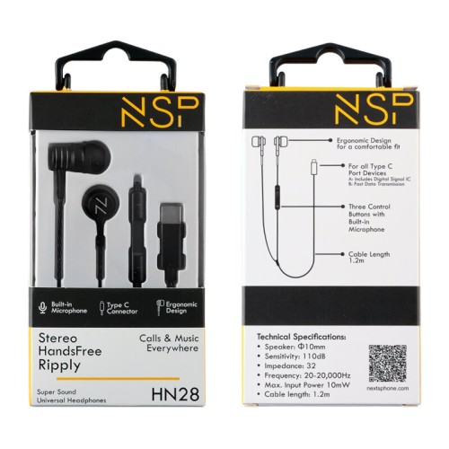 NSP  Ακουστικά RIPPLY HN28 Στέρεο UNIVERSAL Μαύρο HandsFree με βύσμα 3.5mm On/Off Type-C 1.2m