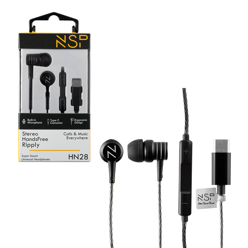 NSP  Ακουστικά RIPPLY HN28 Στέρεο UNIVERSAL Μαύρο HandsFree με βύσμα 3.5mm On/Off Type-C 1.2m