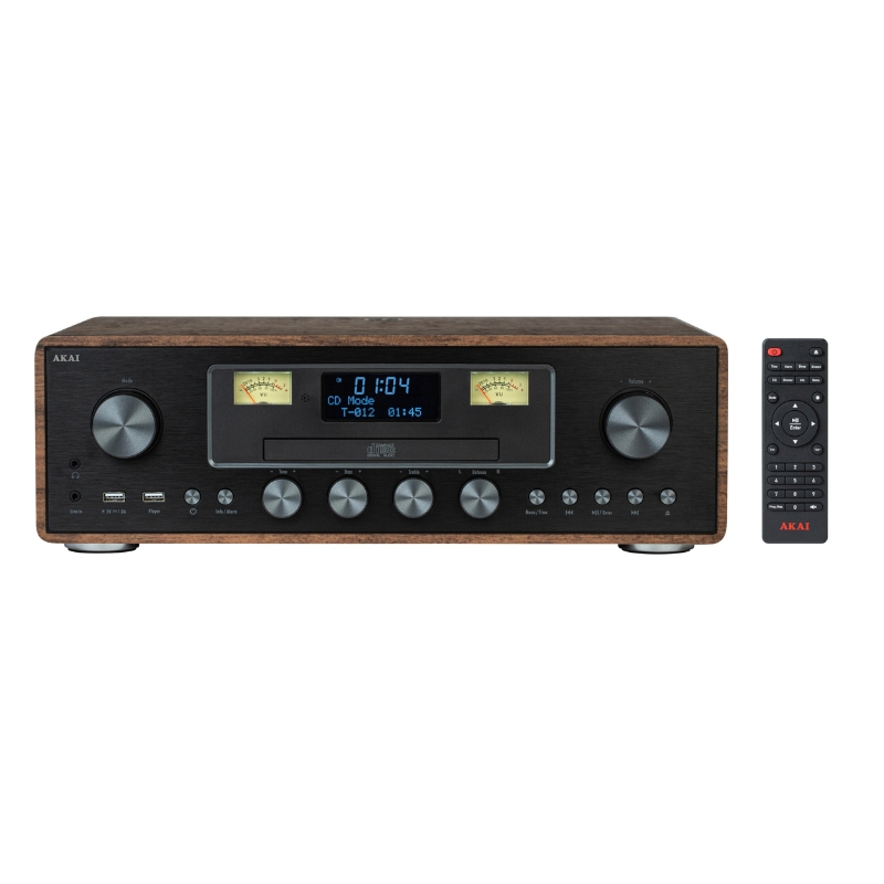 Akai Ηχοσύστημα micro AM-100 Rhapsody Μαύρο με CD player, ασύρματη φόρτιση, Bluetooth, 2xUSB για αναπαραγωγή και φόρτιση, EQ, FM, Aux-In, υποδοχή ακουστικών και τηλεχειριστήριο-30W RMS