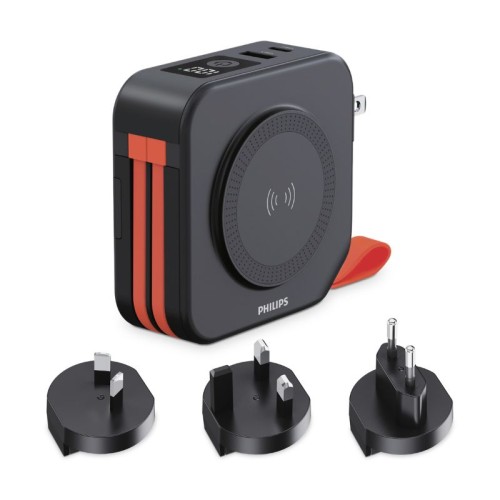 Philips Power bank DLP4347CB/GRS Μαύρο ταξιδιού με ασύρματη επαγωγική φόρτιση, USB-C, USB-A και ενσωματωμένα καλώδια φόρτισης Τype-C και lightning με 3 αντάπτορες