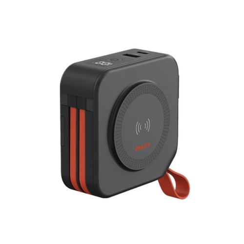 Philips Power bank DLP4347CB/GRS Μαύρο ταξιδιού με ασύρματη επαγωγική φόρτιση, USB-C, USB-A και ενσωματωμένα καλώδια φόρτισης Τype-C και lightning με 3 αντάπτορες