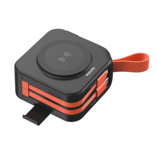 Philips Power bank DLP4347CB/GRS Μαύρο ταξιδιού με ασύρματη επαγωγική φόρτιση, USB-C, USB-A και ενσωματωμένα καλώδια φόρτισης Τype-C και lightning με 3 αντάπτορες