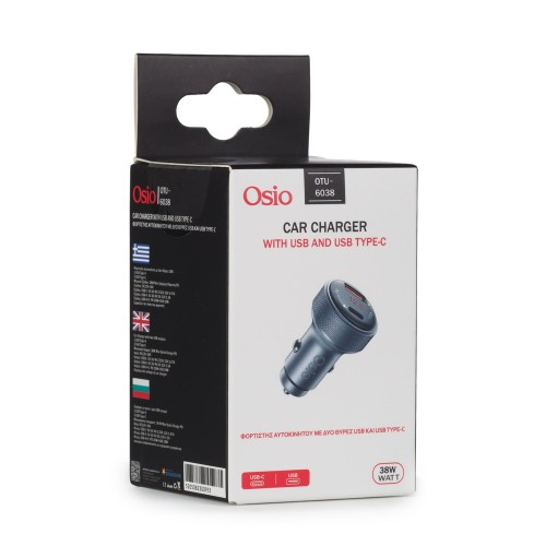 Osio Ταχυφορτιστής αυτοκινήτου OTU-6038 Ανθρακί  με USB-A και Type-C-38W