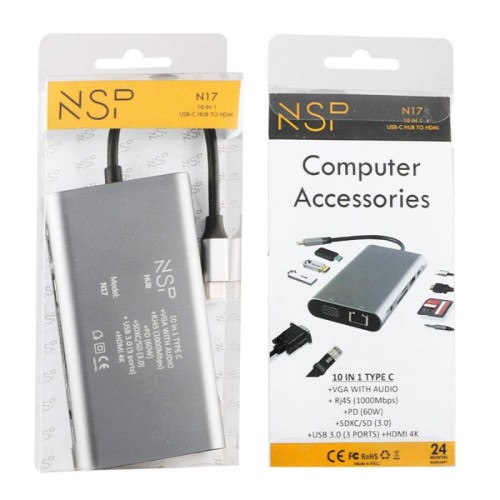 NSP  Hub 10 σε 1 N17 USB-C  (8340277) Type-C σε VGA με Audio, RJ45, PD, SDXC/SD 3.0, 3 USB 3.0, HDMI 4K