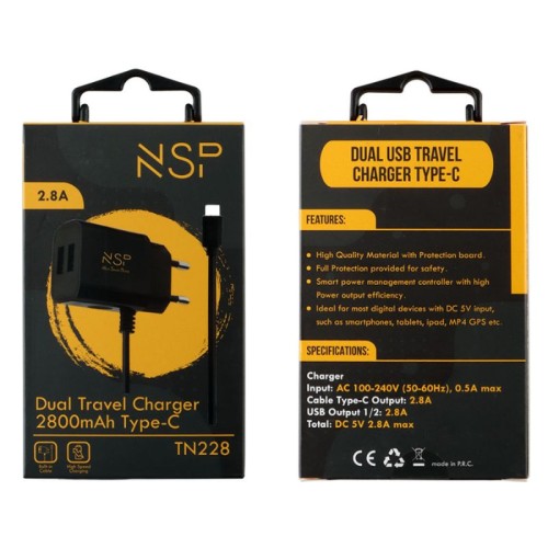 NSP  Φορτιστής ταξιδιού TN228 Μαύρος Dual USB-A με ενσωματωμένο καλώδιο Type-C 2800mAh