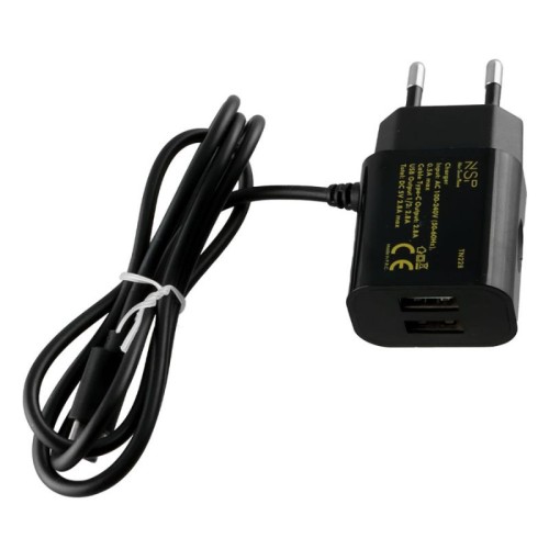 NSP  Φορτιστής ταξιδιού TN228 Μαύρος Dual USB-A με ενσωματωμένο καλώδιο Type-C 2800mAh