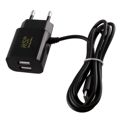 NSP  Φορτιστής ταξιδιού TN228 Μαύρος Dual USB-A με ενσωματωμένο καλώδιο Type-C 2800mAh