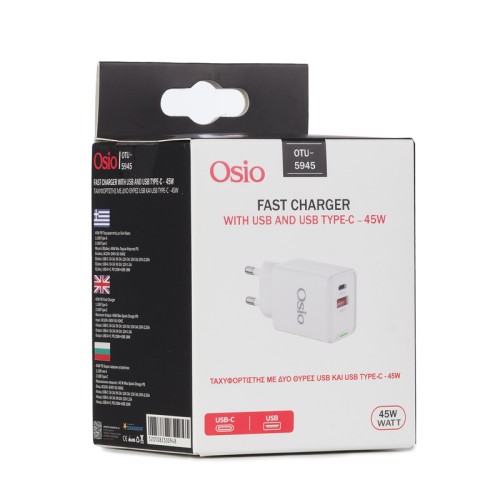 Osio Ταχυφορτιστής ρεύματος OTU-5945W Λευκός  με USB-A και TYPE-C-45W