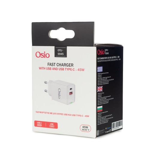 Osio Ταχυφορτιστής ρεύματος OTU-5945W Λευκός  με USB-A και TYPE-C-45W