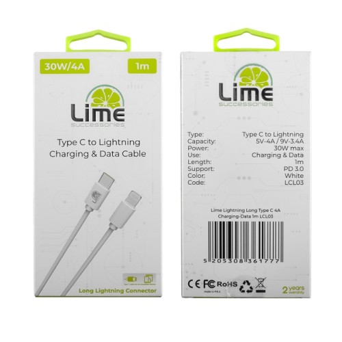 Lime Kαλώδιο USB Type-C LCL03 Λευκό σε Lightning Long 4.0A, 1m για φόρτιση και δεδομένα-30W