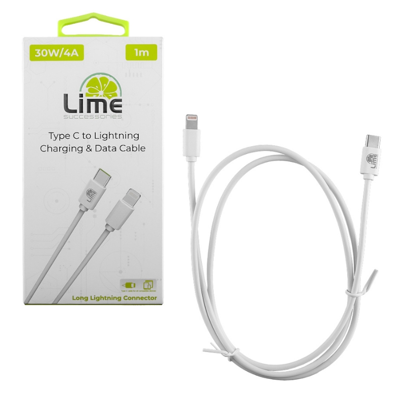 Lime Kαλώδιο USB Type-C LCL03 Λευκό σε Lightning Long 4.0A, 1m για φόρτιση και δεδομένα-30W