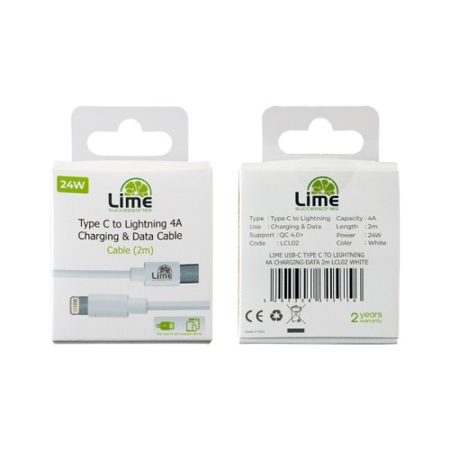 Lime Kαλώδιο USB Type-C LCL02 Λευκό σε Lightning 4.0A, 2m για φόρτιση και δεδομένα-24W