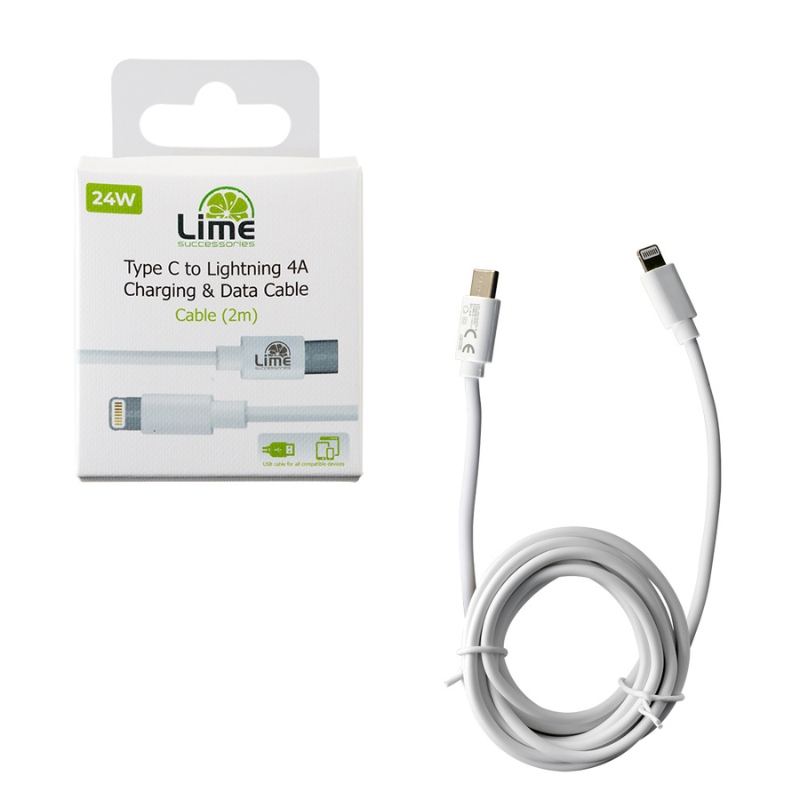 Lime Kαλώδιο USB Type-C LCL02 Λευκό σε Lightning 4.0A, 2m για φόρτιση και δεδομένα-24W