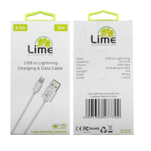 Lime Kαλώδιο USB-A LUL02 Λευκό σε Lightning Long 2.4A, 2m για φόρτιση και δεδομένα-12W