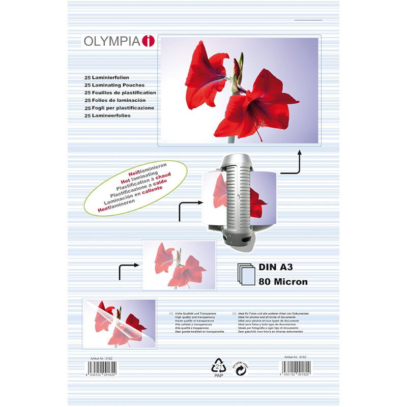 Olympia Φύλλα πλαστικοποίησης 9182 για Α3 σε κουτί 80 microns 25 τμχ