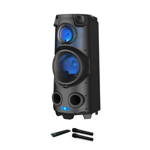  Akai Party Speaker 500 Φορητό ηχείο με ρόδες, Bluetooth, USB, FM, AUX, TWS, LED, Micro SD, EQ, 2 είσοδοι μικροφώνου και κιθάρας, 2 ασύρματα μικρόφωνα και τηλεχειριστήριο - 120W - 110582-0135