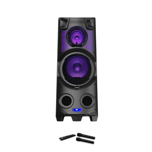  Akai Party Speaker 500 Φορητό ηχείο με ρόδες, Bluetooth, USB, FM, AUX, TWS, LED, Micro SD, EQ, 2 είσοδοι μικροφώνου και κιθάρας, 2 ασύρματα μικρόφωνα και τηλεχειριστήριο - 120W - 110582-0135
