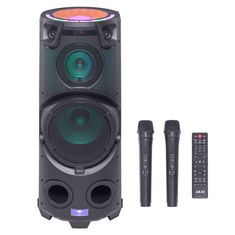  Akai Party Speaker 500 Φορητό ηχείο με ρόδες, Bluetooth, USB, FM, AUX, TWS, LED, Micro SD, EQ, 2 είσοδοι μικροφώνου και κιθάρας, 2 ασύρματα μικρόφωνα και τηλεχειριστήριο - 120W - 110582-0135