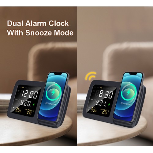 Akai Akai ACRW-3500 – Ασύρματος Φορτιστής Qi έως 15W με Διπλό Ξυπνητήρι, LED Οθόνη & Αισθητήρες Θερμοκρασίας/Υγρασίας