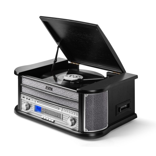Akai Akai ATT-350CC – Ρετρό Πικάπ 3 Ταχυτήτων με CD, Κασέτα, AM/FM, Bluetooth & USB Recording (2×4W)