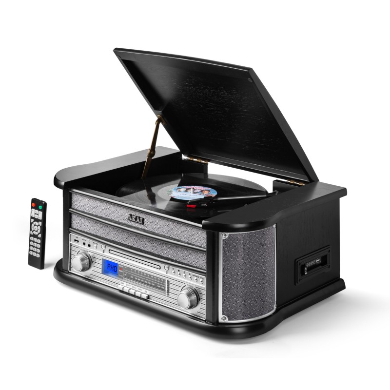 Akai Akai ATT-350CC – Ρετρό Πικάπ 3 Ταχυτήτων με CD, Κασέτα, AM/FM, Bluetooth & USB Recording (2×4W)