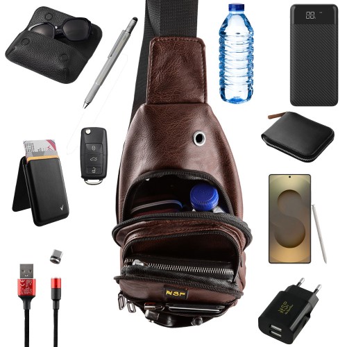 NSP  Nsp N121 Force Δερμάτινο Τσαντάκι Crossbody 5.7L (Καφέ) (8387838)