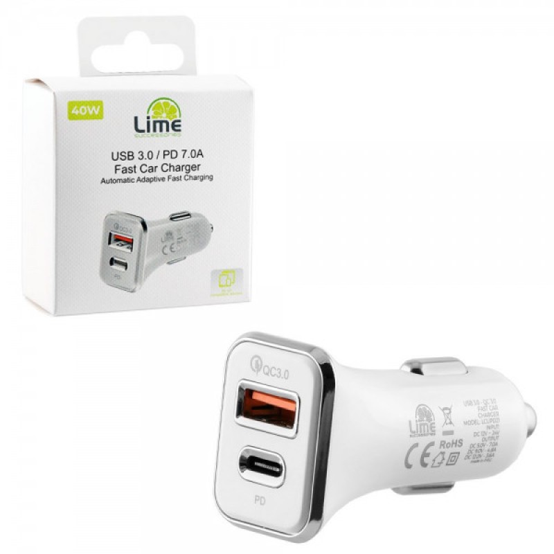 Lime Lime LCUPD21 Διπλός Φορτιστής Αυτοκινήτου USB & USB-C PD/QC 3.0 40W, Λευκό (8276200)