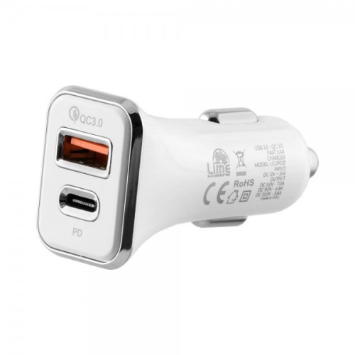 Lime Lime LCUPD21 Διπλός Φορτιστής Αυτοκινήτου USB & USB-C PD/QC 3.0 40W, Λευκό (8276200)