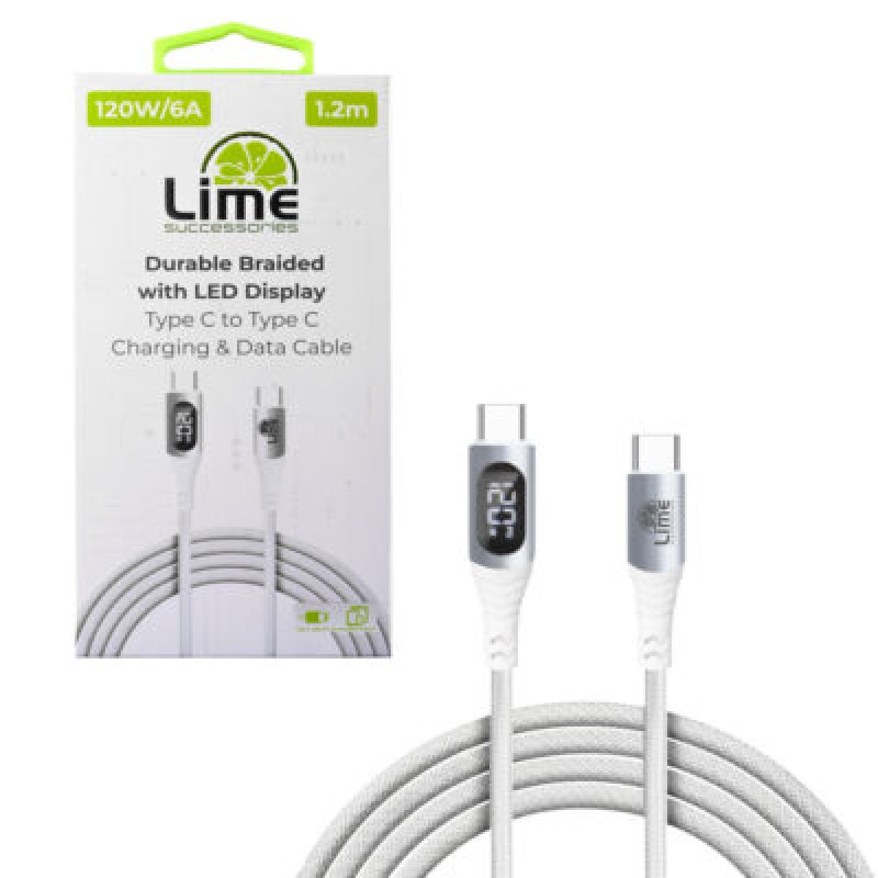 Lime Lime LBLCC01 Ανθεκτικό Πλεκτό Καλώδιο USB-C σε USB-C με Οθόνη LED 120W, 1,2m Λευκό (8386688)