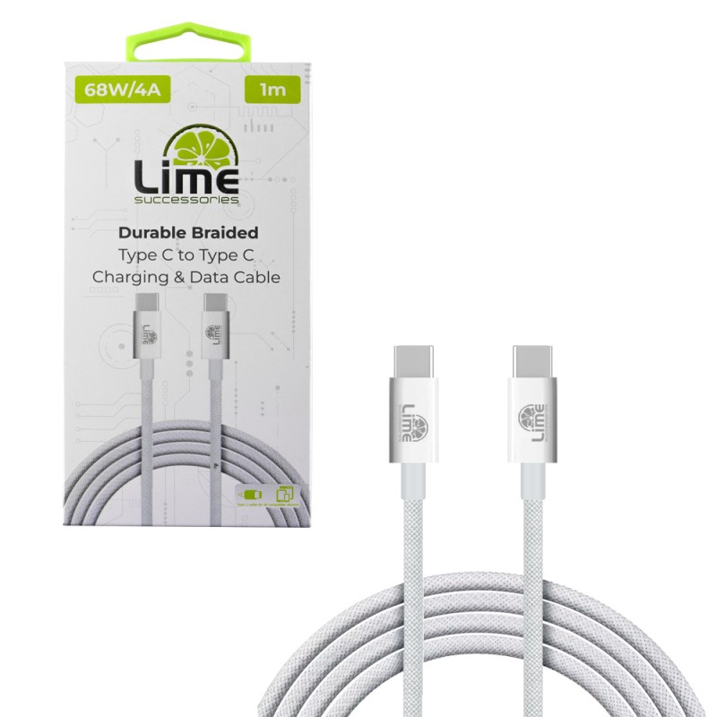 Lime Lime LBCC01 Ανθεκτικό Πλεκτό Καλώδιο USB-C σε USB-C 68W, 1m Λευκό (8386060)