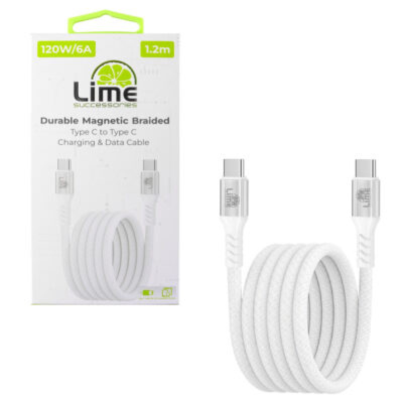 Lime Lime LBMCC03 Ανθεκτικό Μαγνητικό Πλεκτό Καλώδιο USB-C σε USB-C 120W, 1,2m Λευκό (8387333)