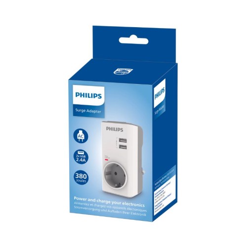 Philips Philips CHP4010W/GRS Μονόπριζο ασφαλείας με 2USB, 3680W, 380J