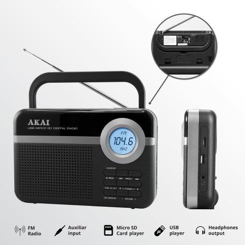 Akai Akai PR006A-472U – Φορητό Ραδιόφωνο FM με USB/SD, LCD Οθόνη & Ξυπνητήρι