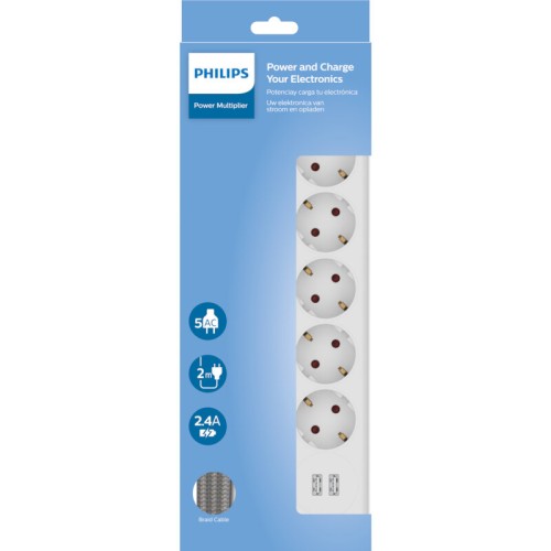 Philips Πολύπριζο 5 θέσεων και 2 Θύρες USB SPN3052W/GRS (1150100-0008)