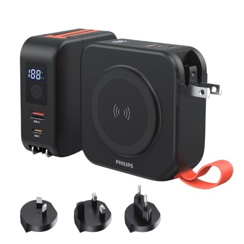 Philips Power bank DLP4347CB/GRS Μαύρο ταξιδιού με ασύρματη επαγωγική φόρτιση, USB-C, USB-A και ενσωματωμένα καλώδια φόρτισης Τype-C και lightning με 3 αντάπτορες