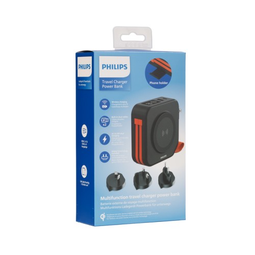 Philips Power bank DLP4347CB/GRS Μαύρο ταξιδιού με ασύρματη επαγωγική φόρτιση, USB-C, USB-A και ενσωματωμένα καλώδια φόρτισης Τype-C και lightning με 3 αντάπτορες