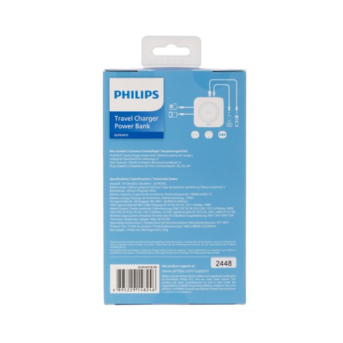 Philips Power bank DLP4347CB/GRS Μαύρο ταξιδιού με ασύρματη επαγωγική φόρτιση, USB-C, USB-A και ενσωματωμένα καλώδια φόρτισης Τype-C και lightning με 3 αντάπτορες