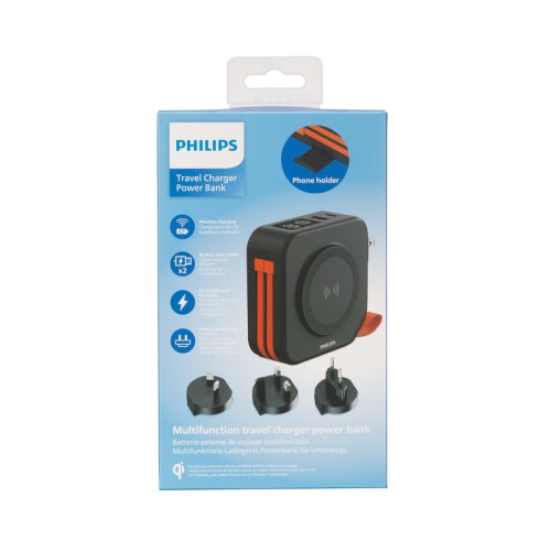 Philips Power bank DLP4347CB/GRS Μαύρο ταξιδιού με ασύρματη επαγωγική φόρτιση, USB-C, USB-A και ενσωματωμένα καλώδια φόρτισης Τype-C και lightning με 3 αντάπτορες