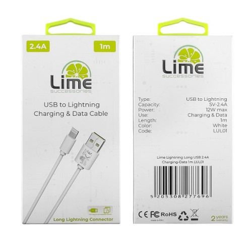 Lime Kαλώδιο USB-Α LUL01 Λευκό σε Lightning Long 2.4A, 1m για φόρτιση και δεδομένα-12W