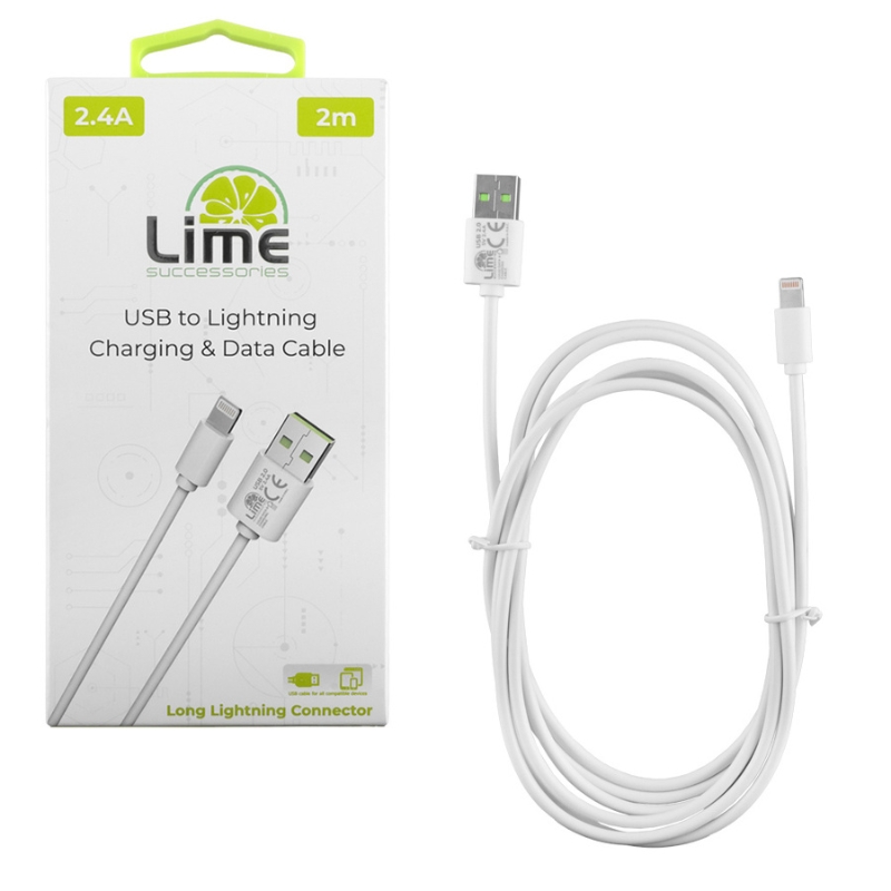 Lime Kαλώδιο USB-A LUL02 Λευκό σε Lightning Long 2.4A, 2m για φόρτιση και δεδομένα-12W