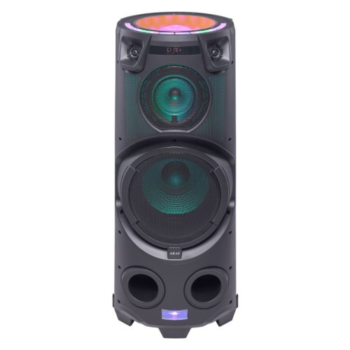 Akai Party Speaker 500 Φορητό ηχείο με ρόδες, Bluetooth, USB, FM, AUX, TWS, LED, Micro SD, EQ, 2 είσοδοι μικροφώνου και κιθάρας, 2 ασύρματα μικρόφωνα και τηλεχειριστήριο - 120W - 110582-0135