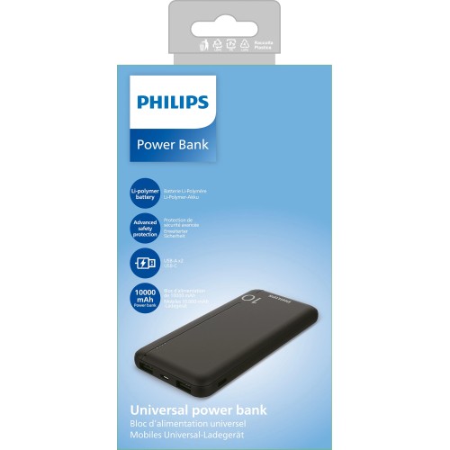 Philips Philips DLP1810CB/GRS Power Bank 10.000 mAh – 2×USB-A & USB-C, Slim, Μαύρο