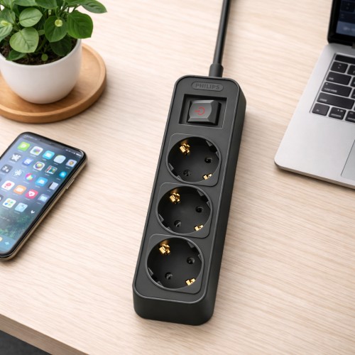 Philips Philips CHP2134B/GRS Πολύμπριζο 3 Θέσεων με Διακόπτη & Παιδική Προστασία, Καλώδιο 1,5 m (Μαύρο)