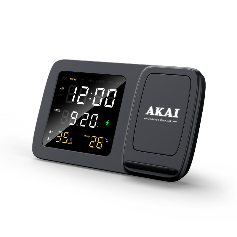 Akai Akai ACRW-3500 – Ασύρματος Φορτιστής Qi έως 15W με Διπλό Ξυπνητήρι, LED Οθόνη & Αισθητήρες Θερμοκρασίας/Υγρασίας