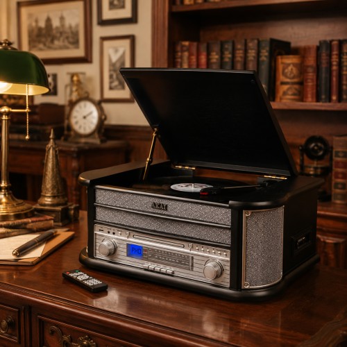 Akai Akai ATT-350CC – Ρετρό Πικάπ 3 Ταχυτήτων με CD, Κασέτα, AM/FM, Bluetooth & USB Recording (2×4W)