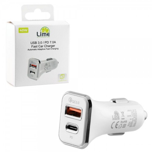 Lime Lime LCUPD21 Διπλός Φορτιστής Αυτοκινήτου USB & USB-C PD/QC 3.0 40W, Λευκό (8276200)
