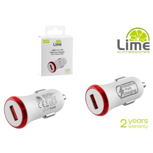 Lime Lime LCU02 Φορτιστής Αυτοκινήτου USB Fast Charging QC 3.0 20W Λευκό (8276217)