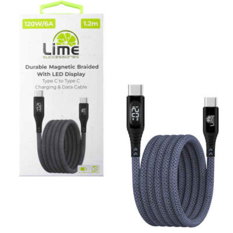 Lime Lime LBMLCC01 Ανθεκτικό Μαγνητικό Πλεκτό Καλώδιο USB-C σε USB-C με Οθόνη LED 120W, 1,2m Γκρι (8366666)