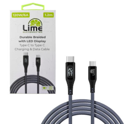 Lime Lime LBLCC02 Ανθεκτικό Πλεκτό Καλώδιο USB-C σε USB-C με Οθόνη LED 120W, 1,2m Γκρι (8387111)